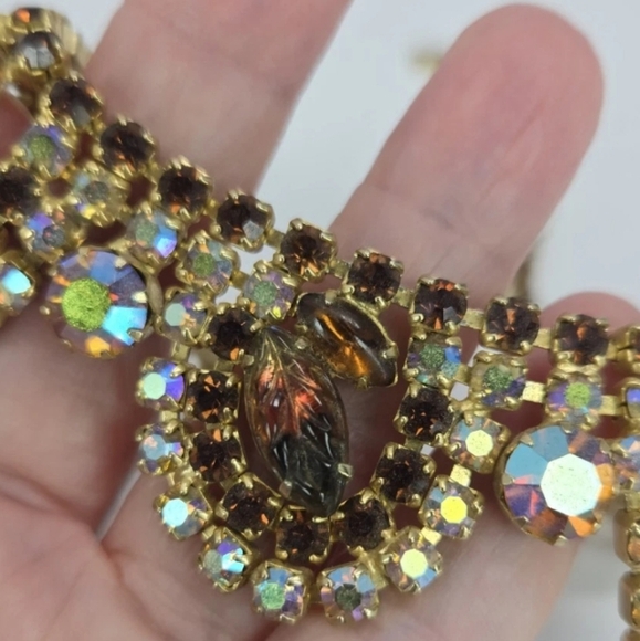 Topaz Aurora Borealis Rhinestone 1950 Choker With Molded Art Glass Leave **READ* - Picture 10 of 10